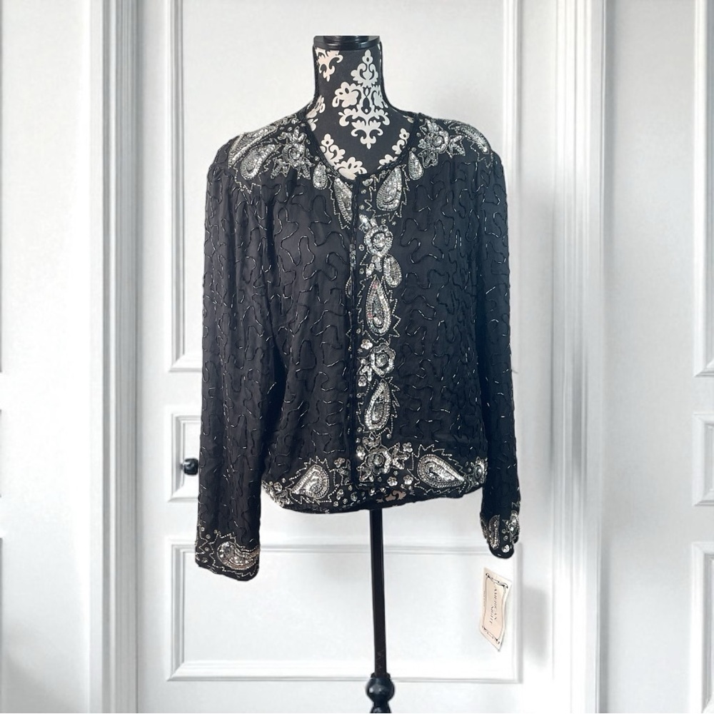 Vintage Black Silk Beaded Sequin Jacket Evening Formal Paisley Size XXXL​